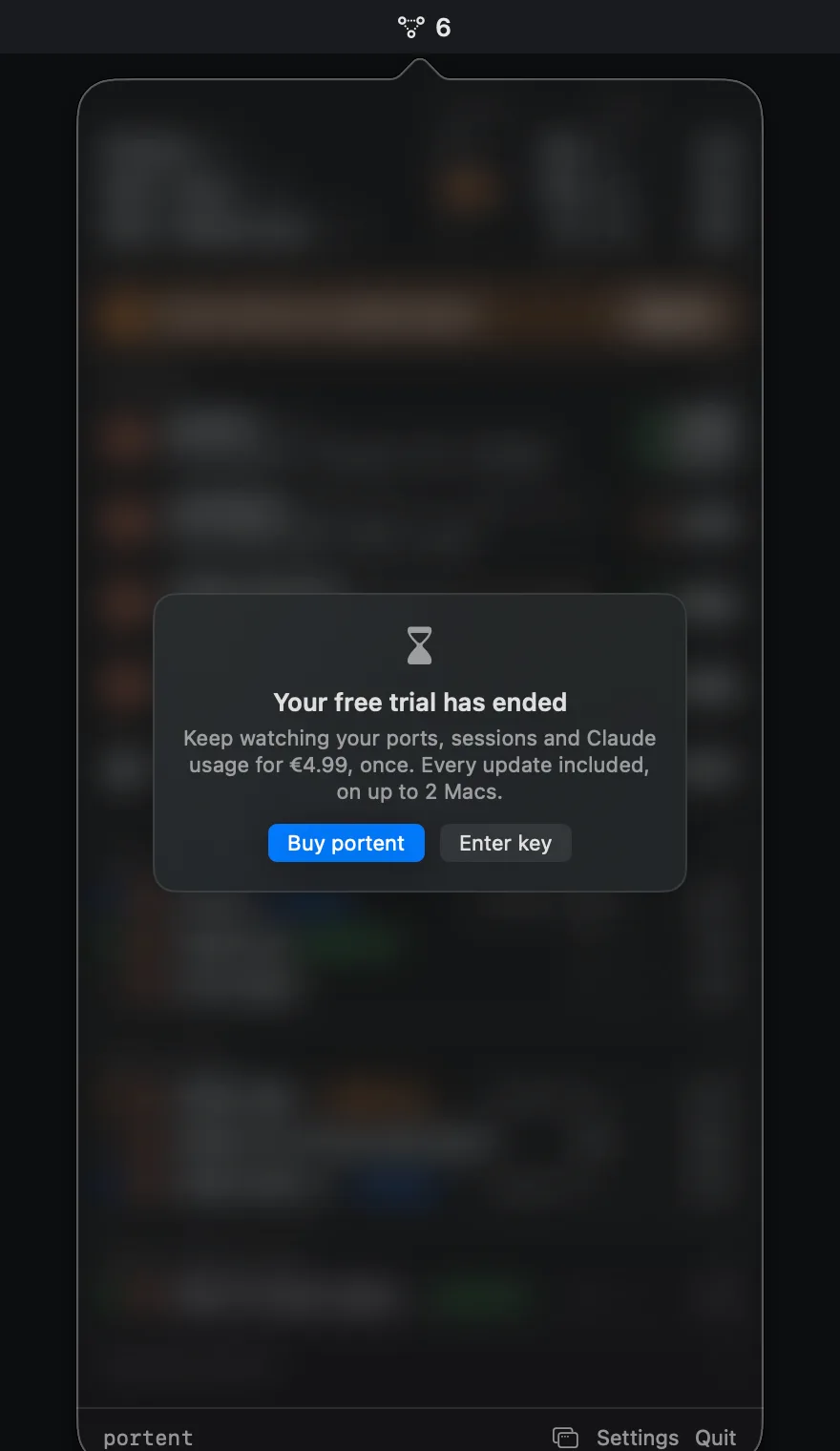After the trial: the portent panel blurred behind a card that says Your free trial has ended, with Buy portent and Enter key buttons.