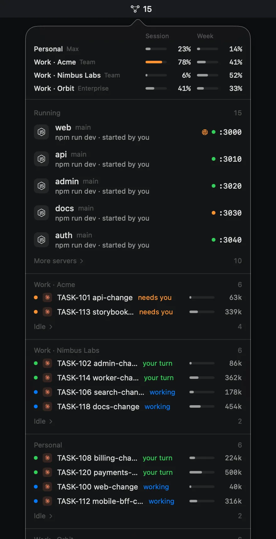 The panel with four accounts and fifteen servers, the rest folded under More servers.