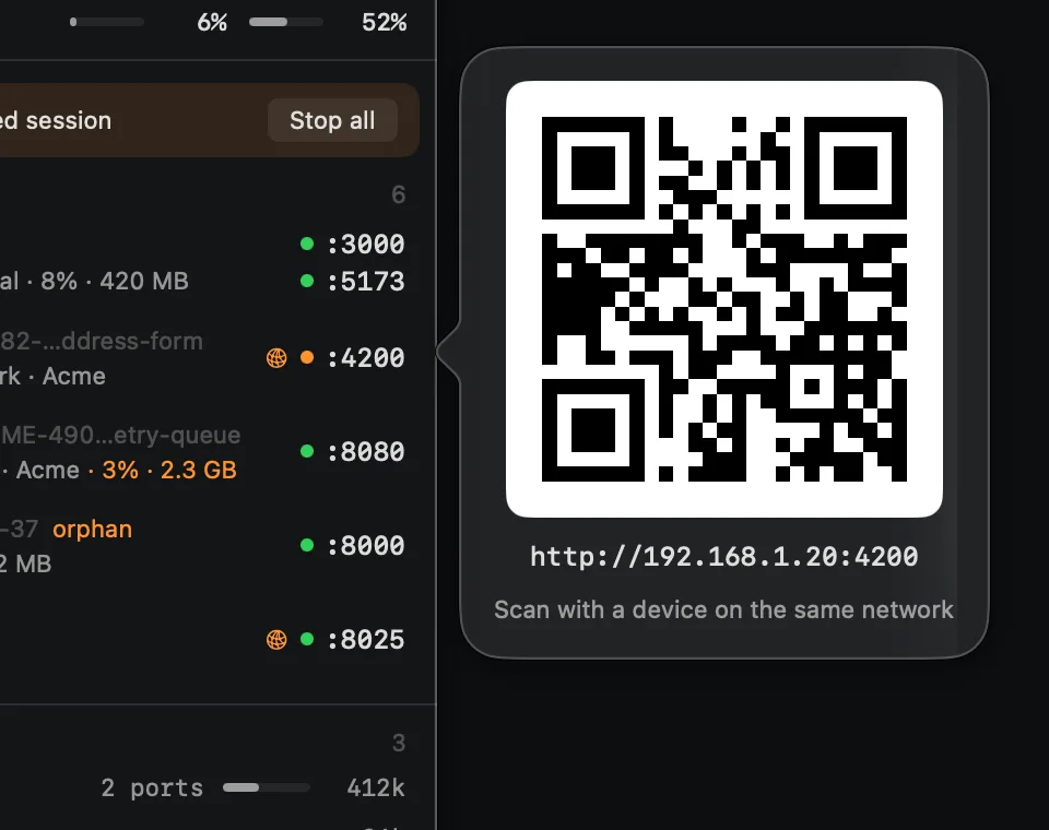 storefront and mailpit with an orange network globe, and the QR code card it opens for http://192.168.1.20:4200.